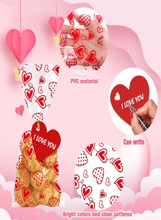 YUJUN 120 PCS Valentines Cellophane Treat Bags,Valentines Present Goodie Candy Red Heart Clear Cello Bags with 100 Pieces Heart Tags for Valentine's Day Weeding Party Favor Supplies(6 Styles) - Image 3